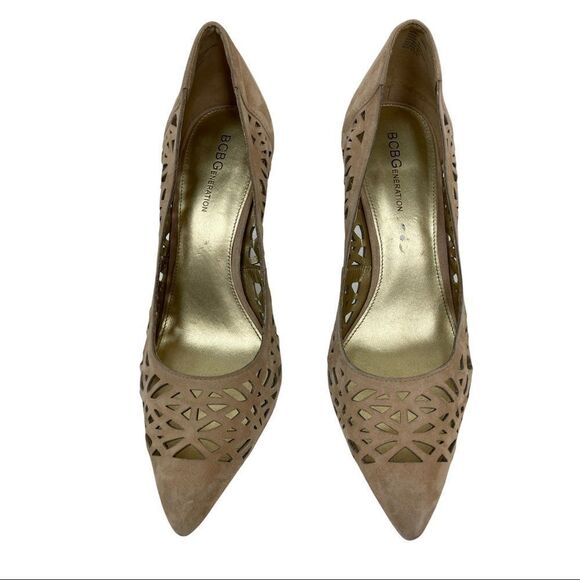 BCBG Size 9.5 Nude Tan Neutral Stiletto Heels Leather Suede Laser Cut Out - Picture 1 of 8